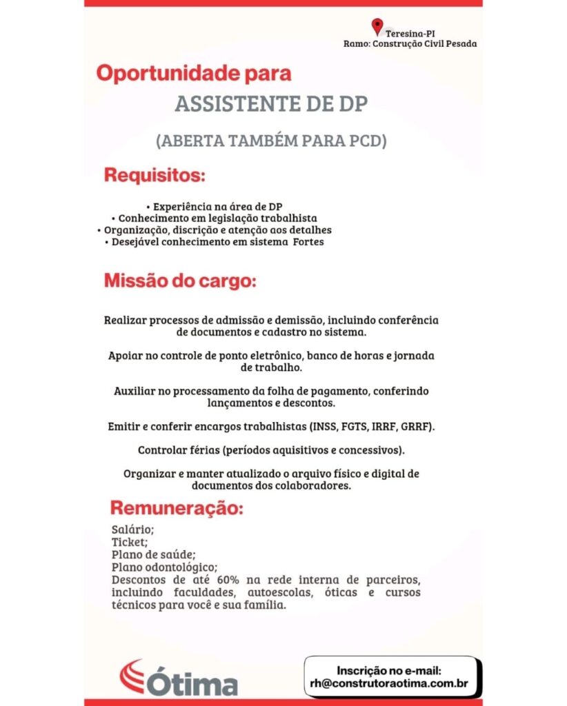 Vaga de emprego para Assistente de DP
