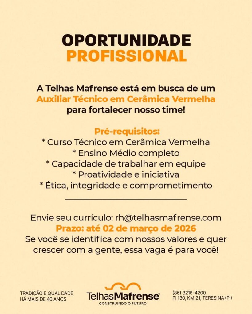 Vaga de emprego para Auxiliar Técnico em Cerâmica Vermelha