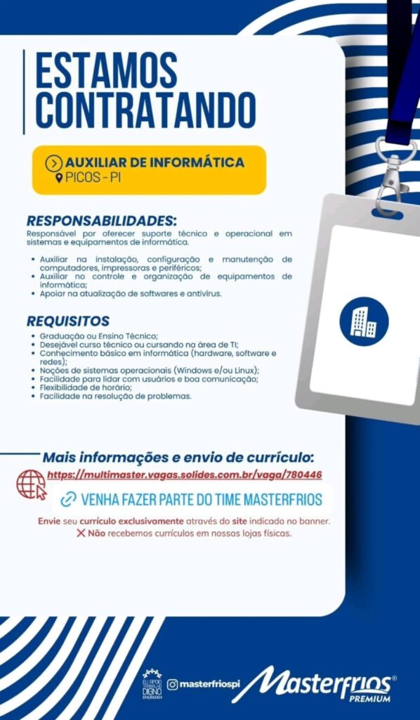 Vaga de emprego para Auxiliar de Informática