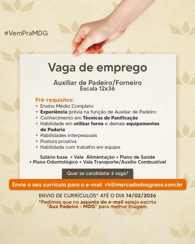Vaga de emprego para Auxiliar de Padeiro/ Forneiro