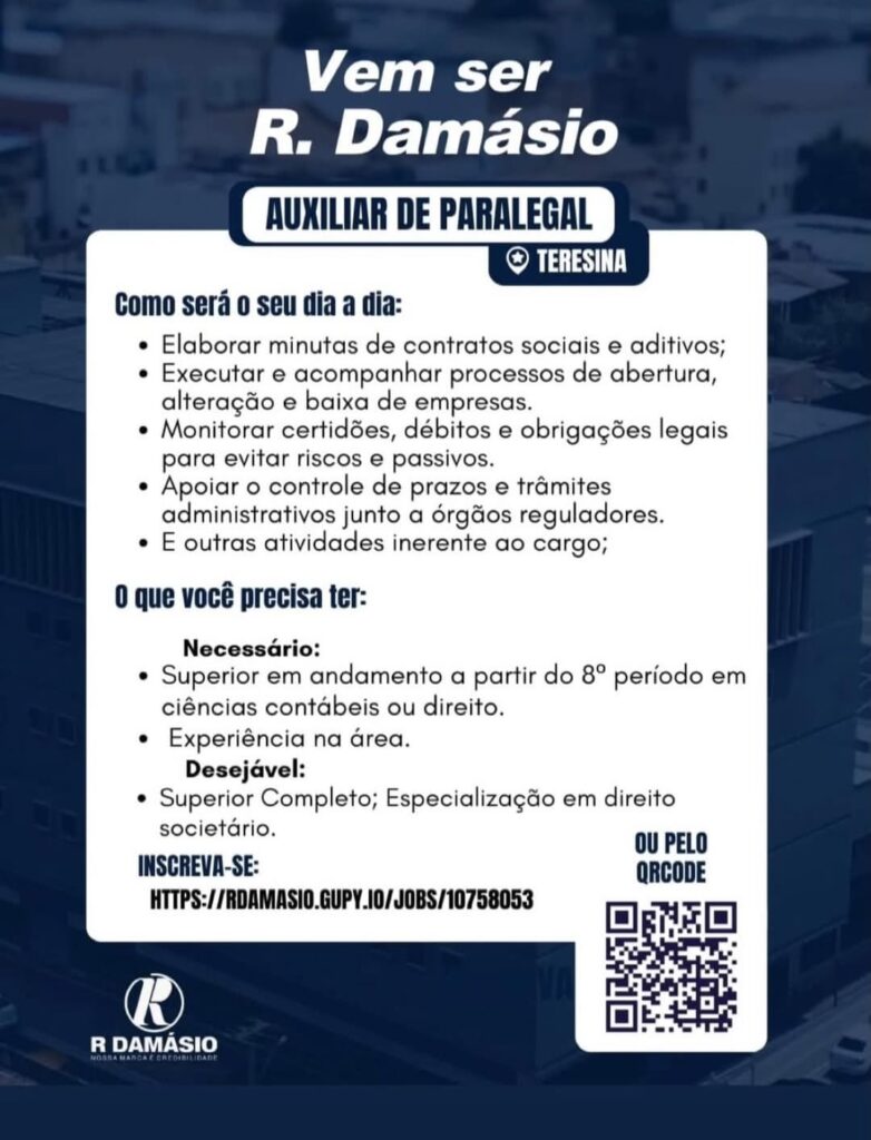 Vaga de emprego para Auxiliar de Paralegal