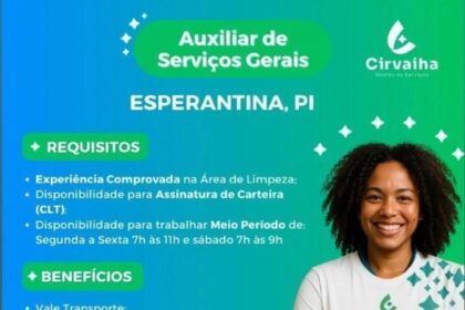 Vaga de emprego para Auxiliar de Serviços Gerais em Esperantina