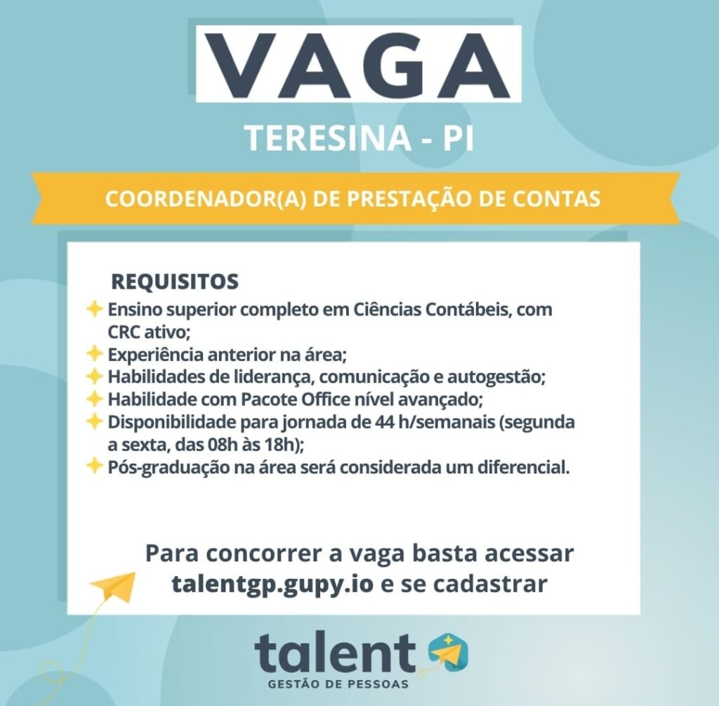 Vaga de emprego para Coord. de Prestação de Contas