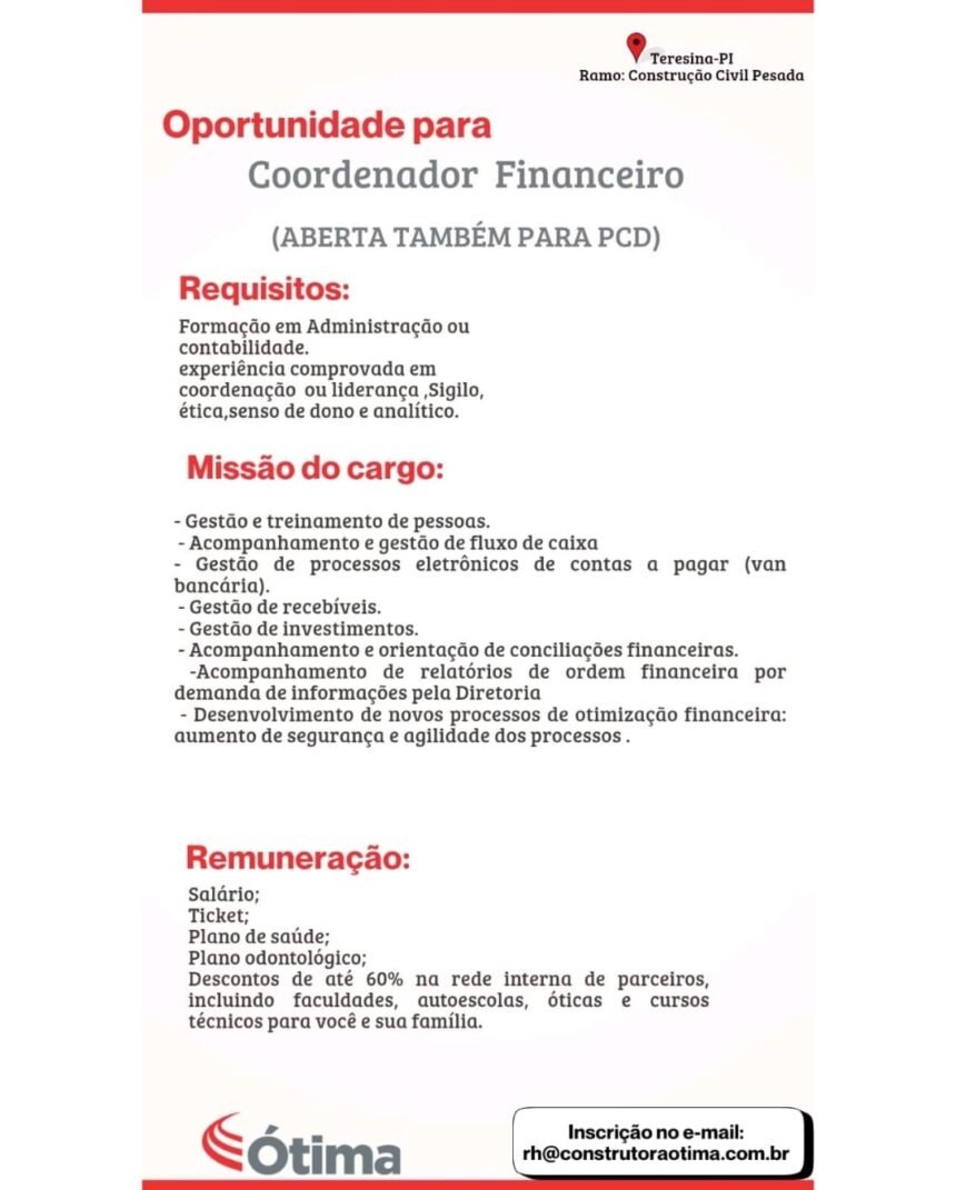 Vaga de emprego para Coordenador Financeiro