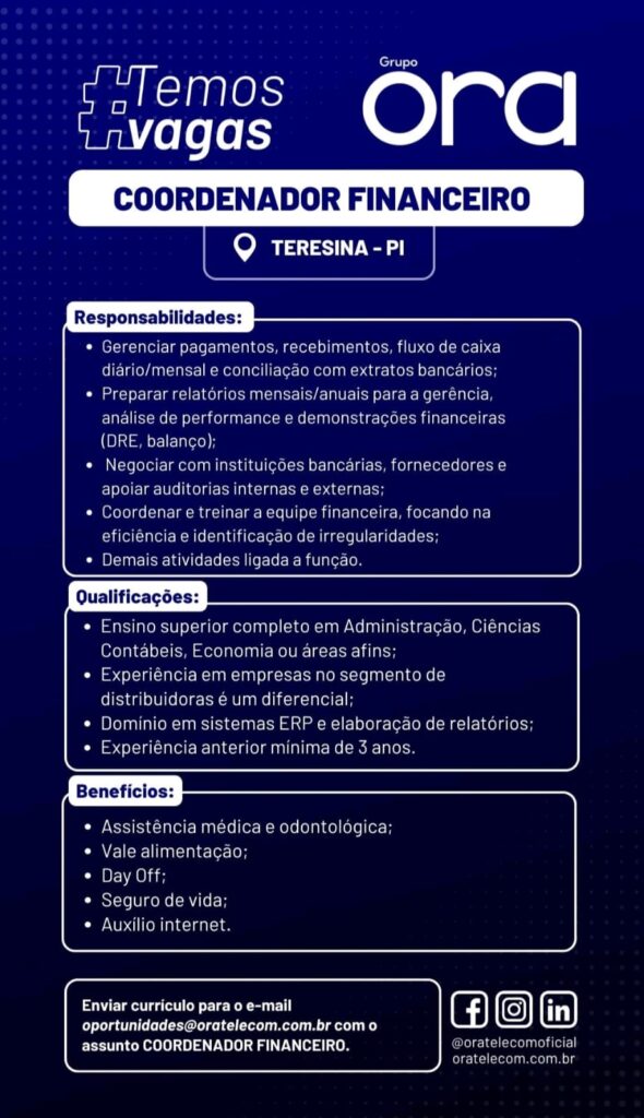 Vaga de emprego para Coordenador Financeiro