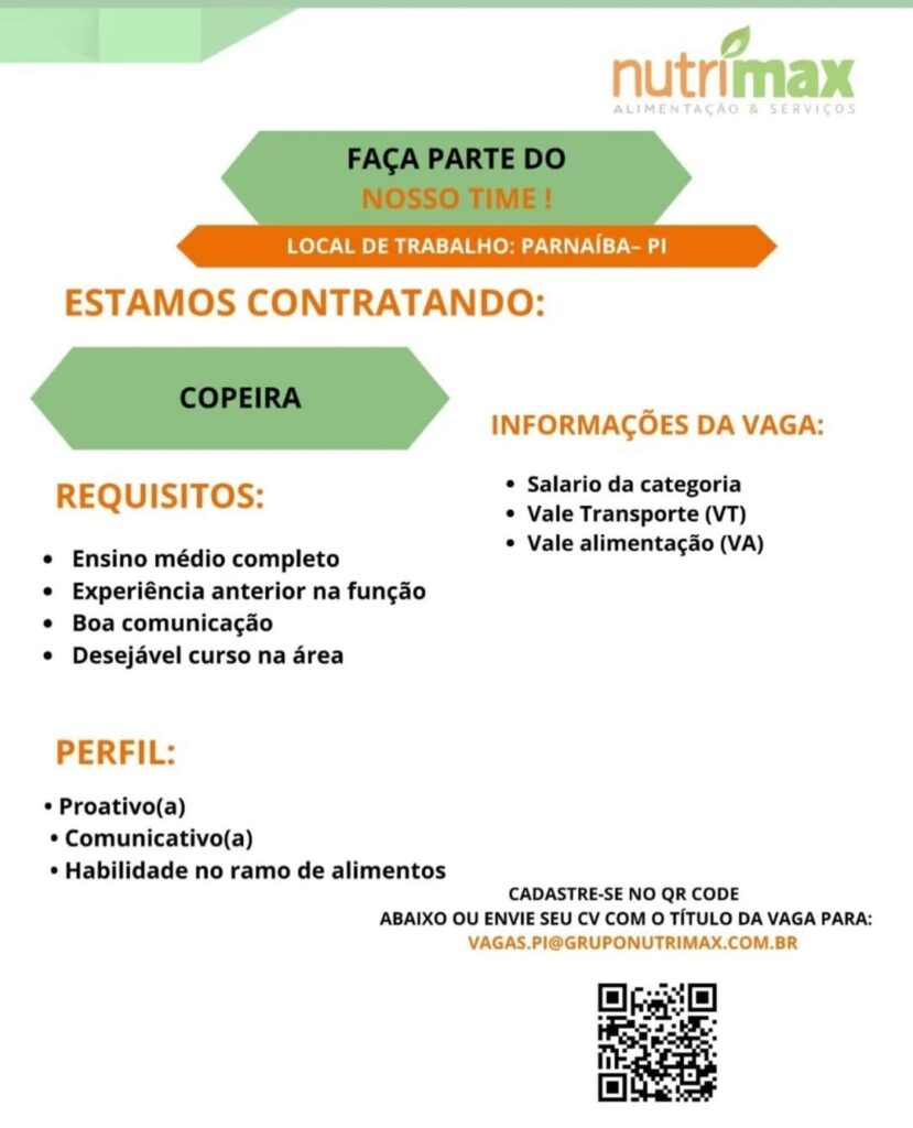 Vaga de emprego para Copeira em Parnaíba