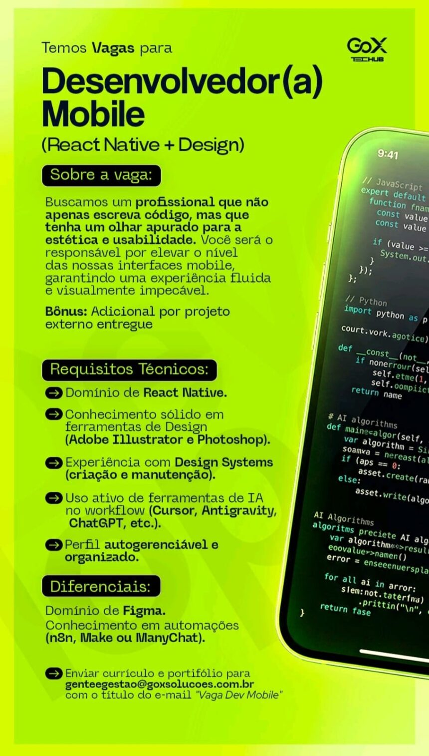 Vaga de emprego para Desenvolvedor(a) Mobile