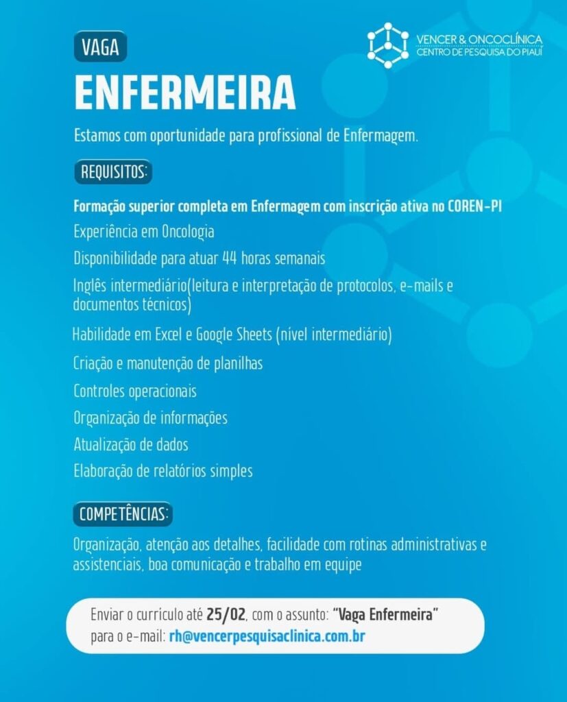 Vaga de emprego para Enfermeira