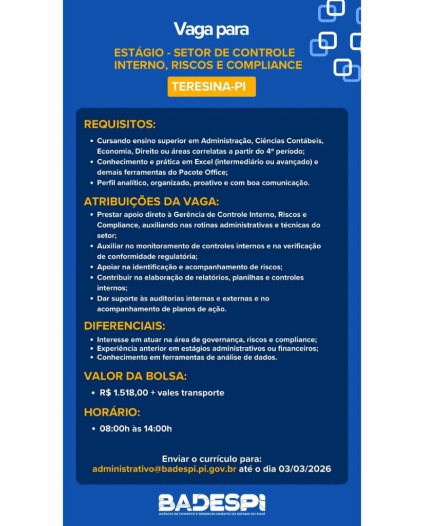 Vaga de emprego para Estágio para Setor Controle Interno, Riscos e Complianca