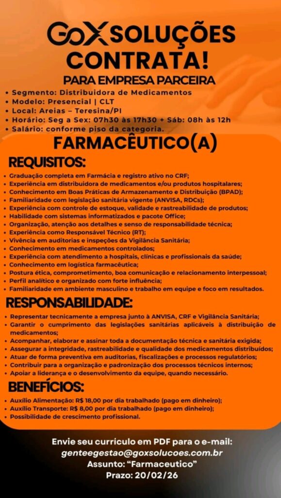 Vaga de emprego para Farmacêutico(a)