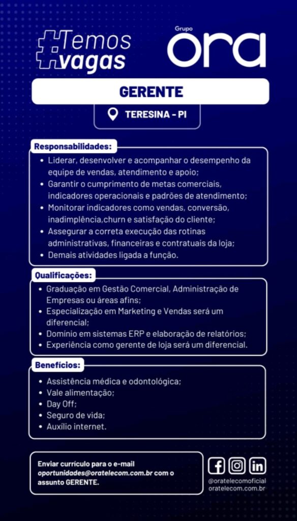 Vaga de emprego para Gerente