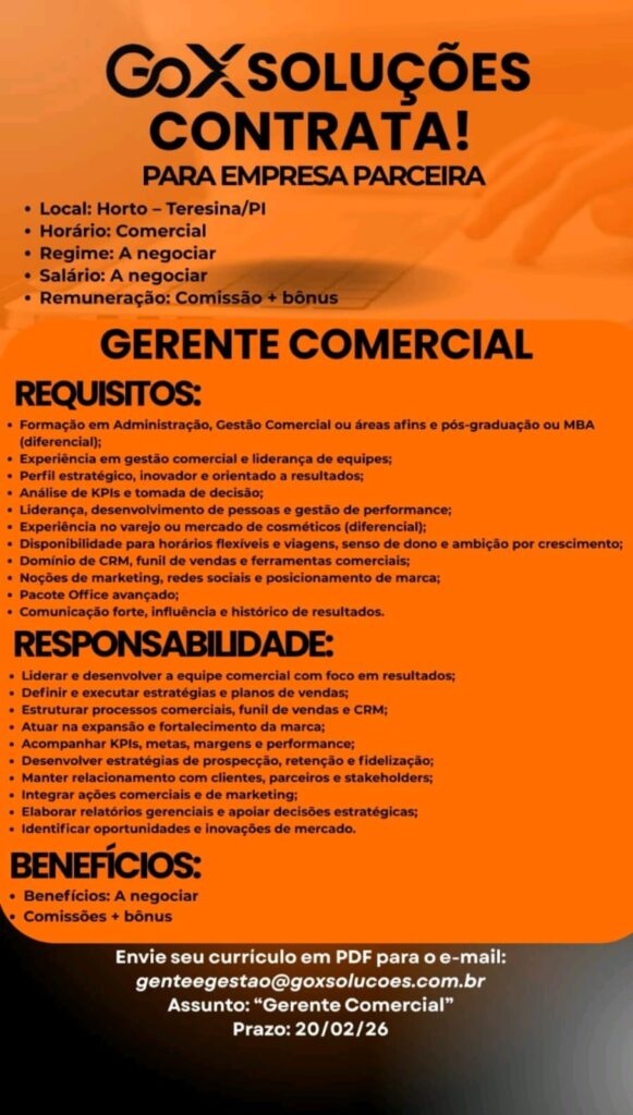 Vaga de emprego para Gerente Comercial
