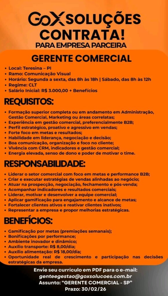 Vaga de emprego para Gerente Comercial- SP