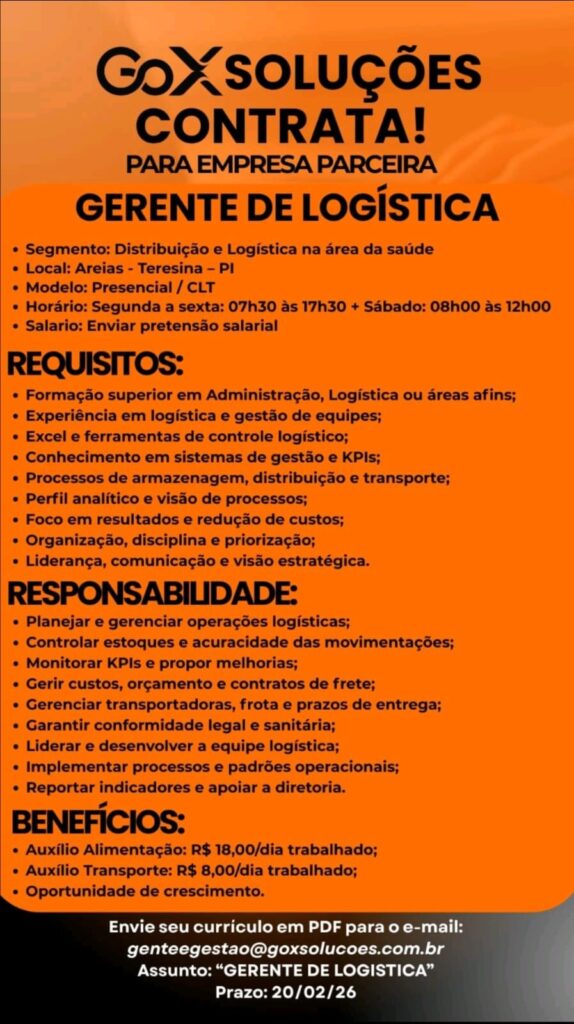 Vaga de emprego para Gerente de Logística