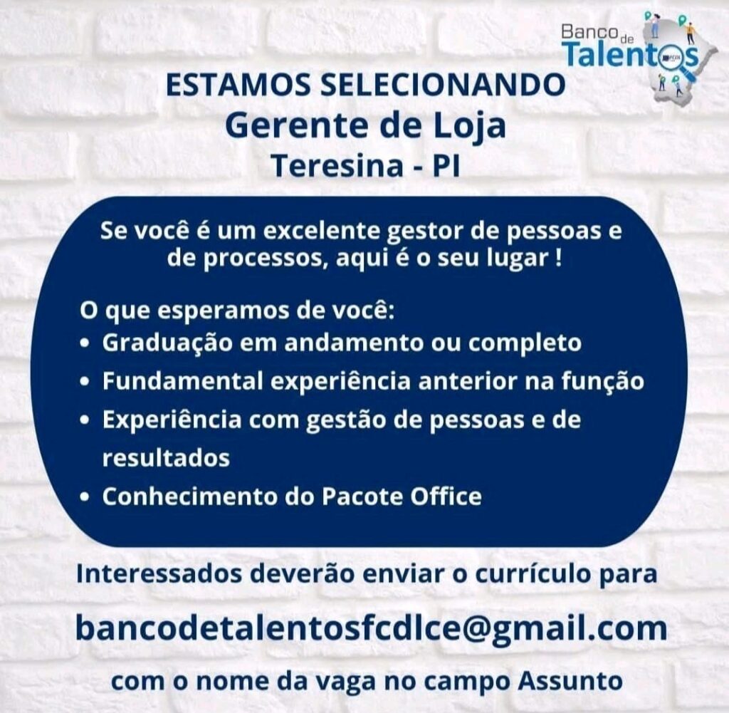 Vaga de emprego para Gerente de Loja