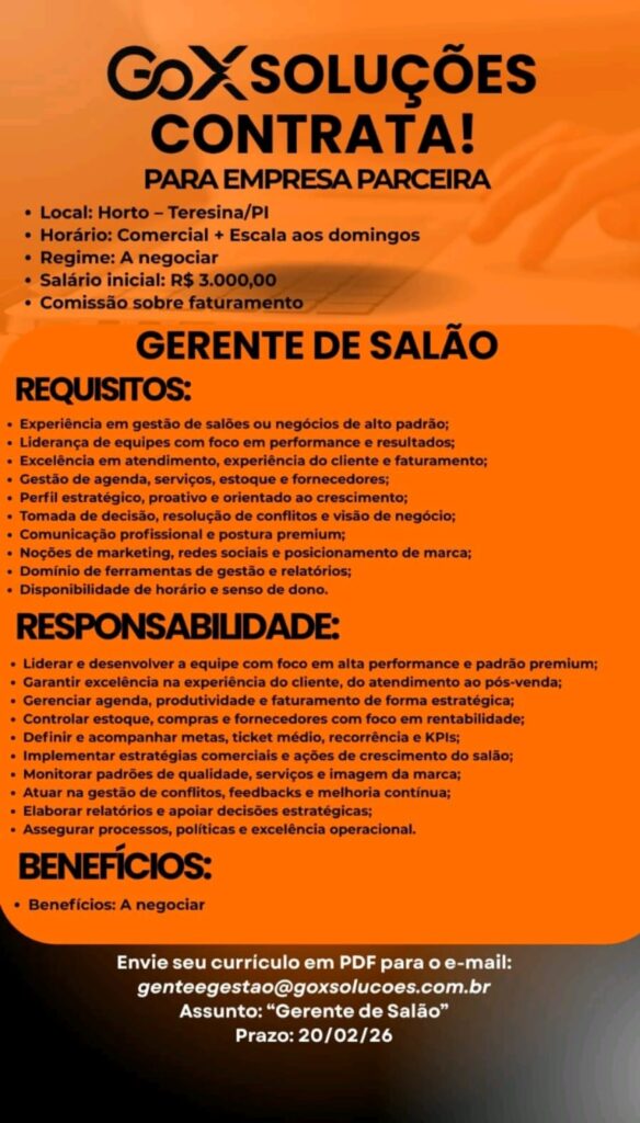 Vaga de emprego para Gerente de Salão