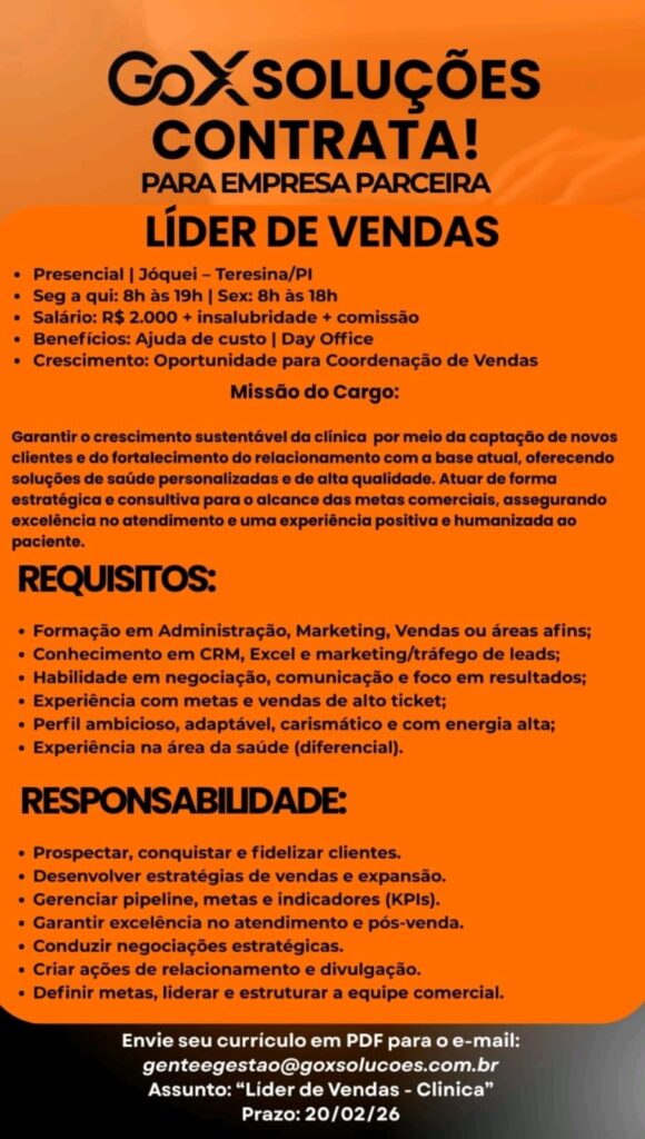Vaga de emprego para Líder de Vendas