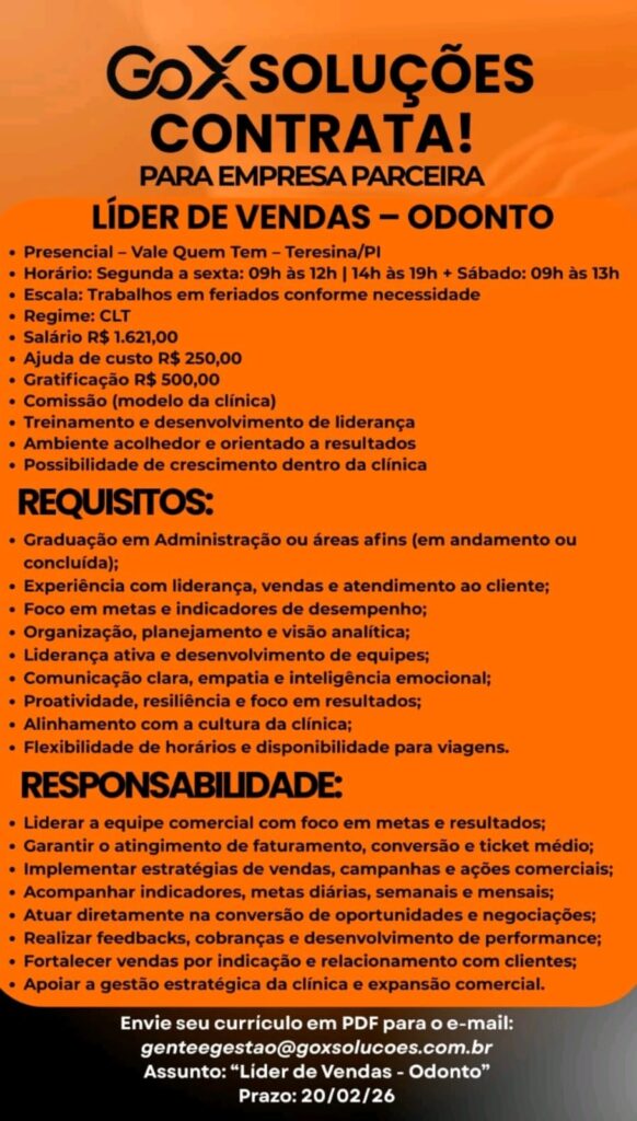 Vaga de emprego para Líder de Vendas (Odonto)