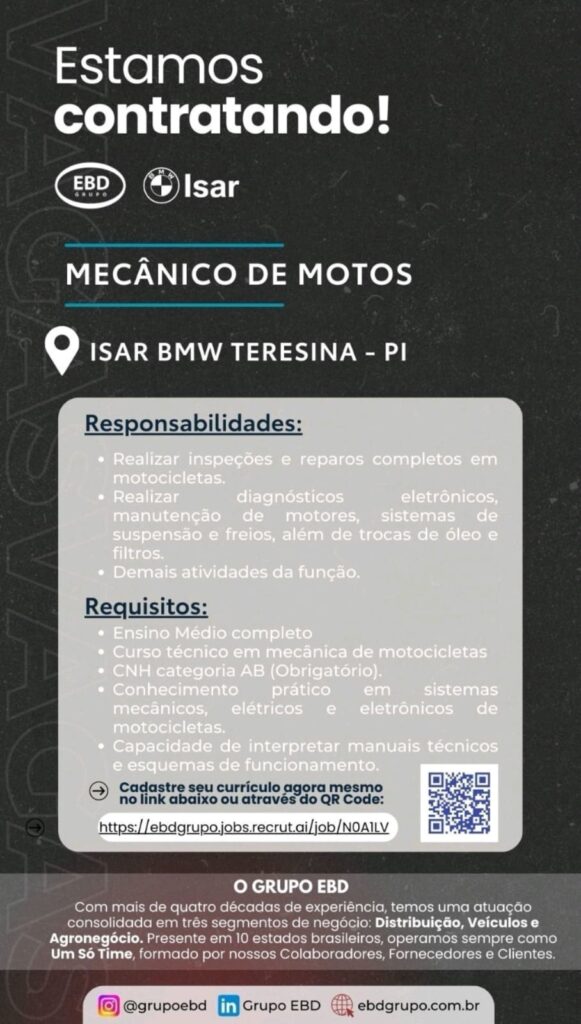 Vaga de emprego para Mecânico de Motos