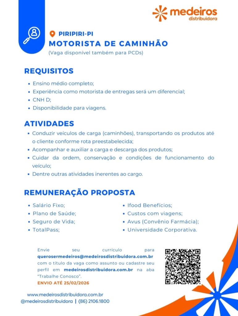 Vaga de emprego para Motorista de Caminhão em Piripiri