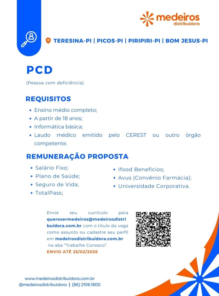 Vaga de emprego para PCD em Teresina, Picos, Piripiri e Bom Jesus