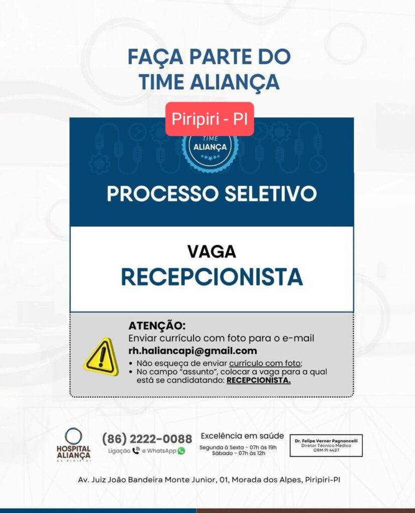 Vaga de emprego para Recepcionista em Piripiri