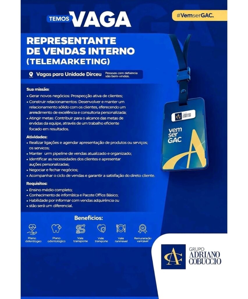 Vaga de emprego para Representante de Vendas Interno