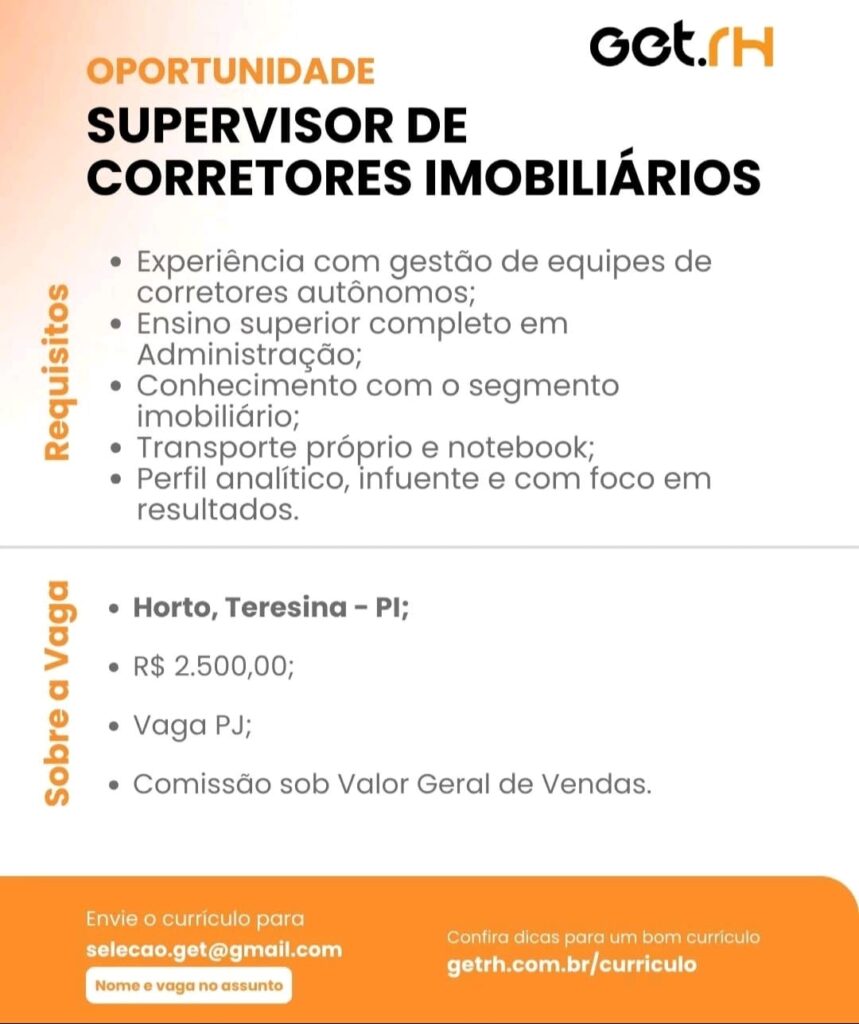 Vaga de emprego para Supervisor de Corretores Imobiliários