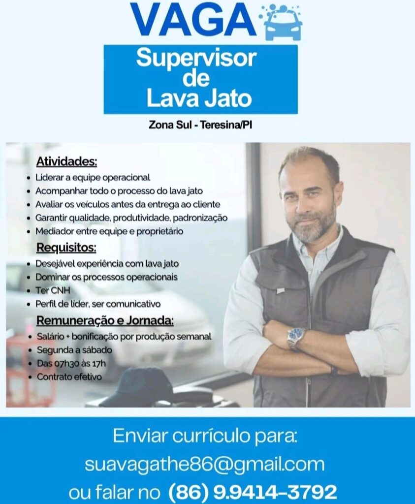 Vaga de emprego para Supervisor de Lava Jato