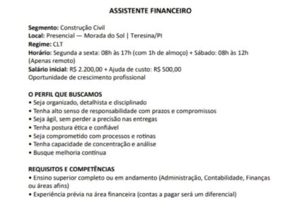 Vaga de emprego para Assistente Financeiro