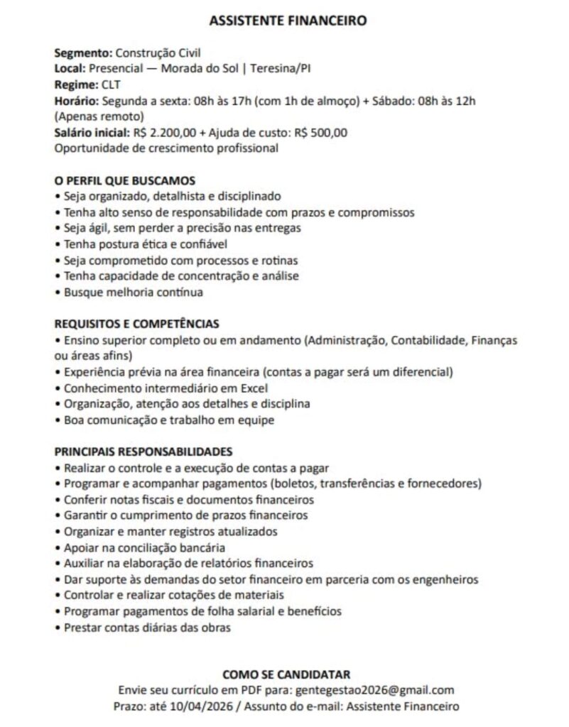 Vaga de emprego para Assistente Financeiro