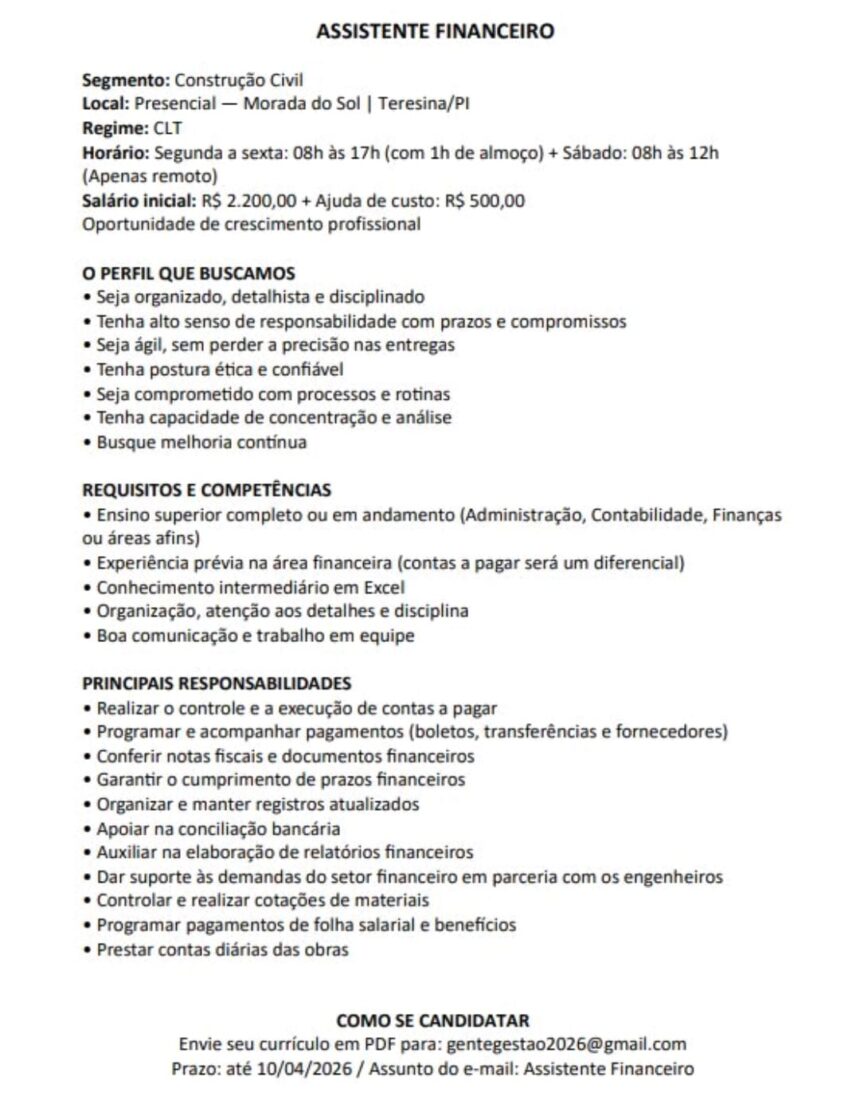 Vaga de emprego para Assistente Financeiro