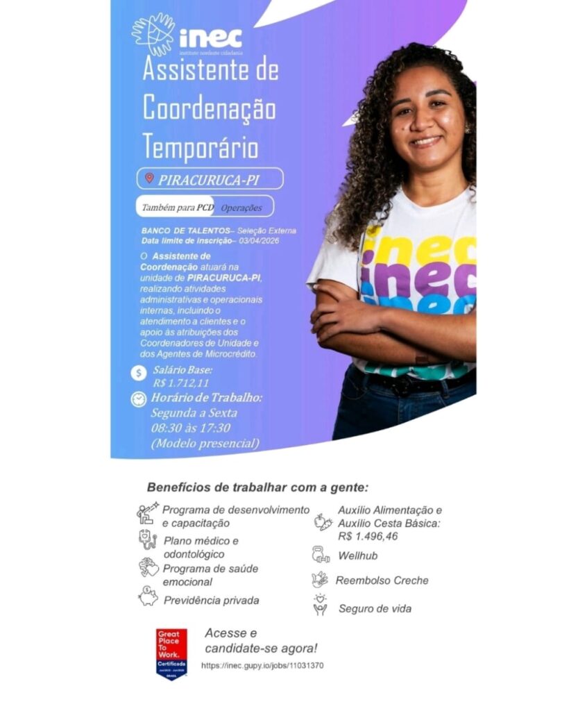 Vaga de emprego para Assistente de Coordenação Temporário em Piracuruca