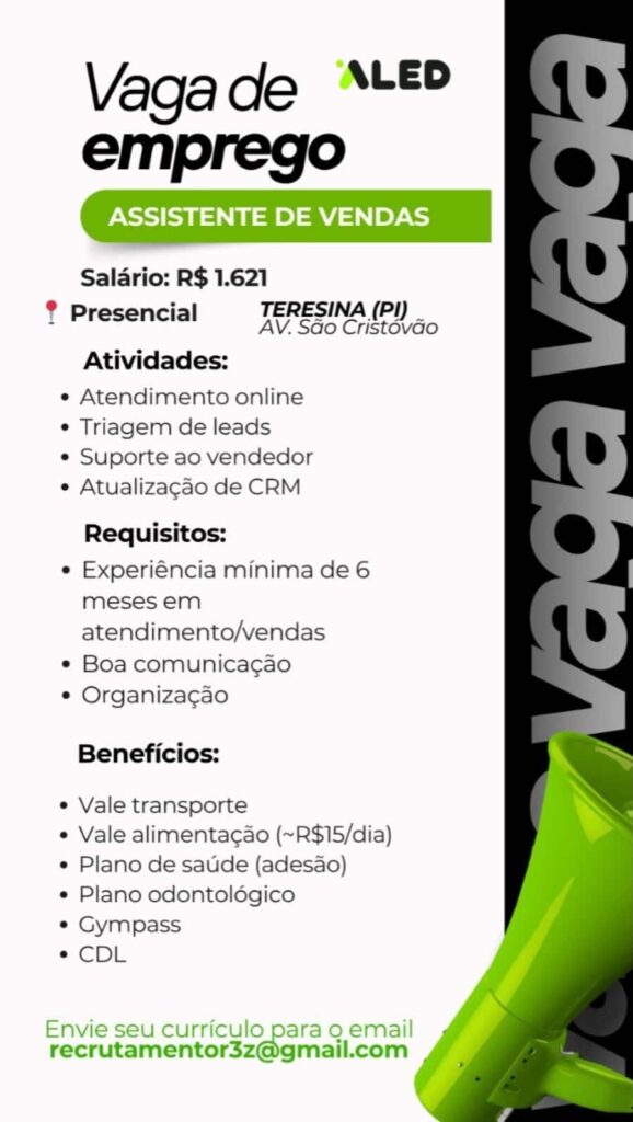 Vaga de emprego para Assistente de Vendas