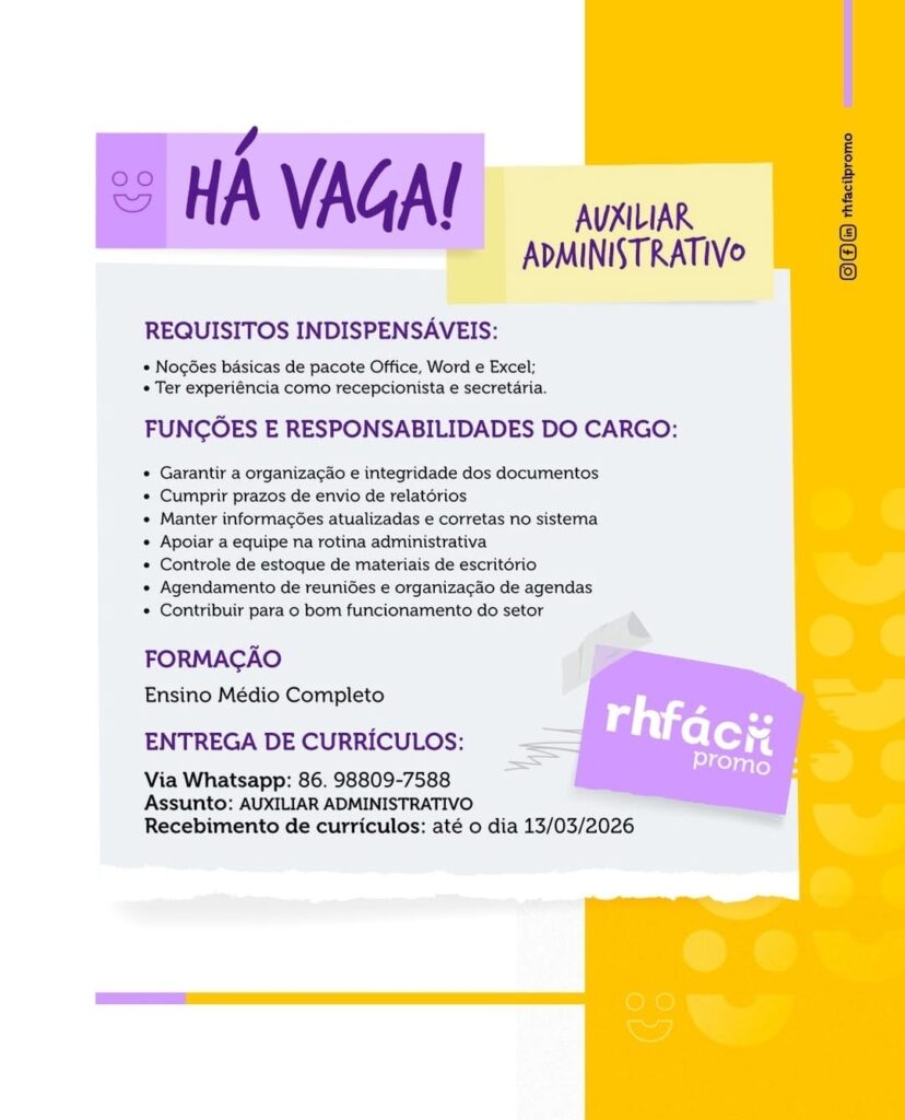 Vaga de emprego para Auxiliar Administrativo