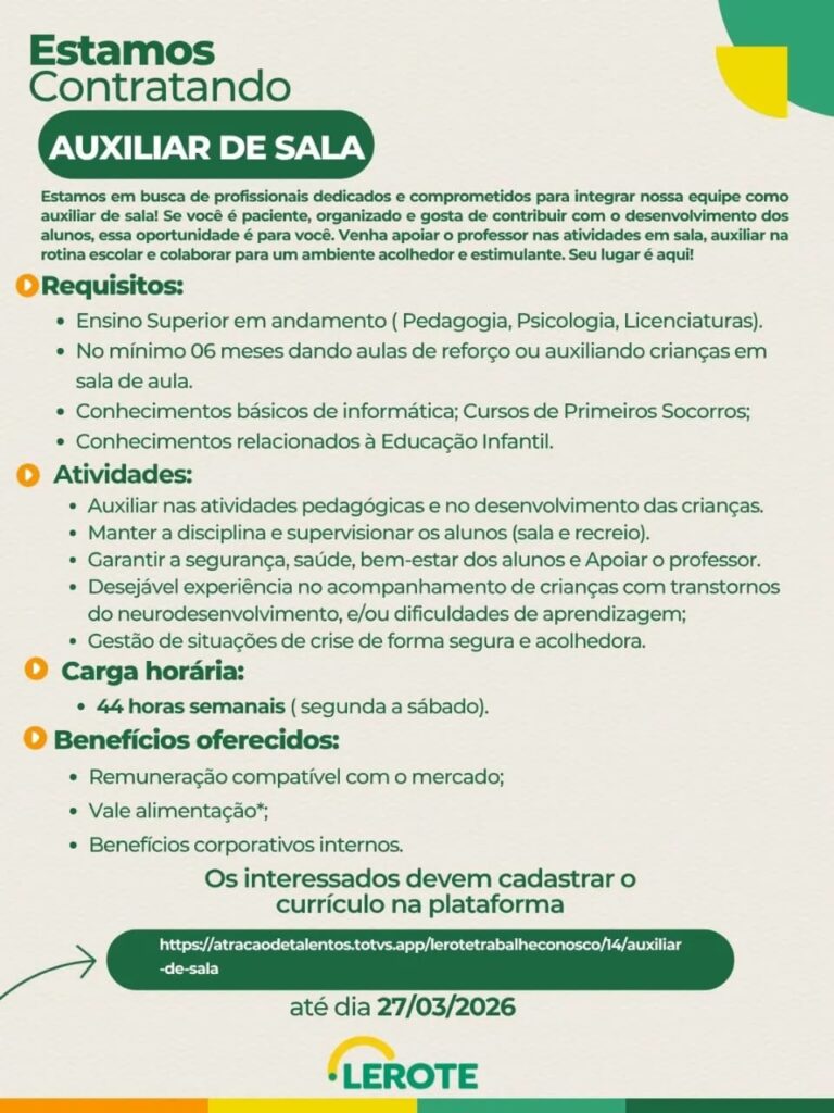 Vaga de emprego para Auxiliar de Sala