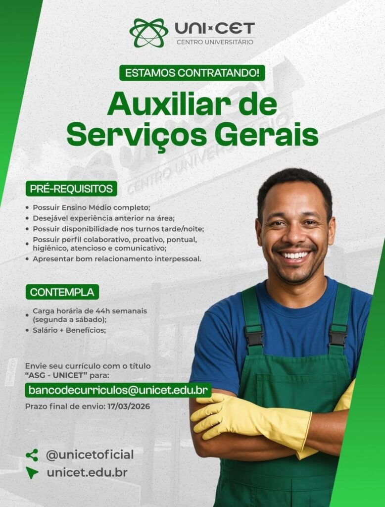 Vaga de emprego para Auxiliar de Serviços Gerais