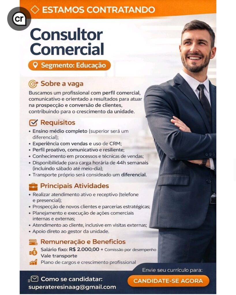 Vaga de emprego para Consultor Comercial