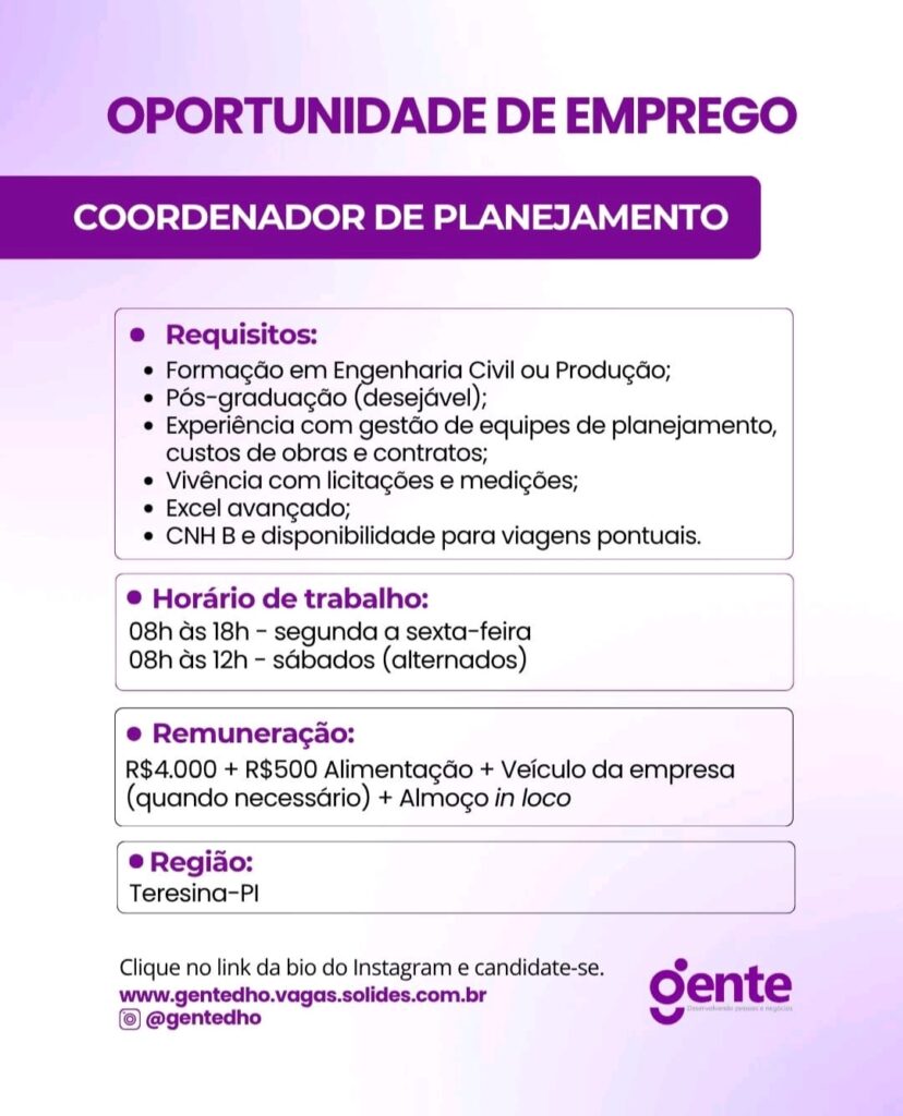 Vaga de emprego para Coordenador de Planejamento