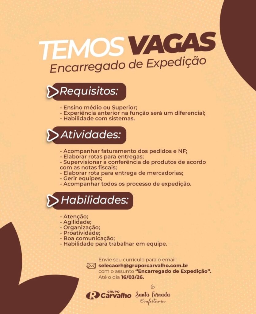 Vaga de emprego para Encarregado de Expedição