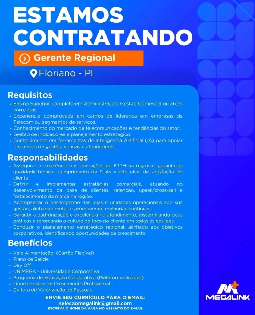 Vaga de emprego para Gerente Regional em Floriano