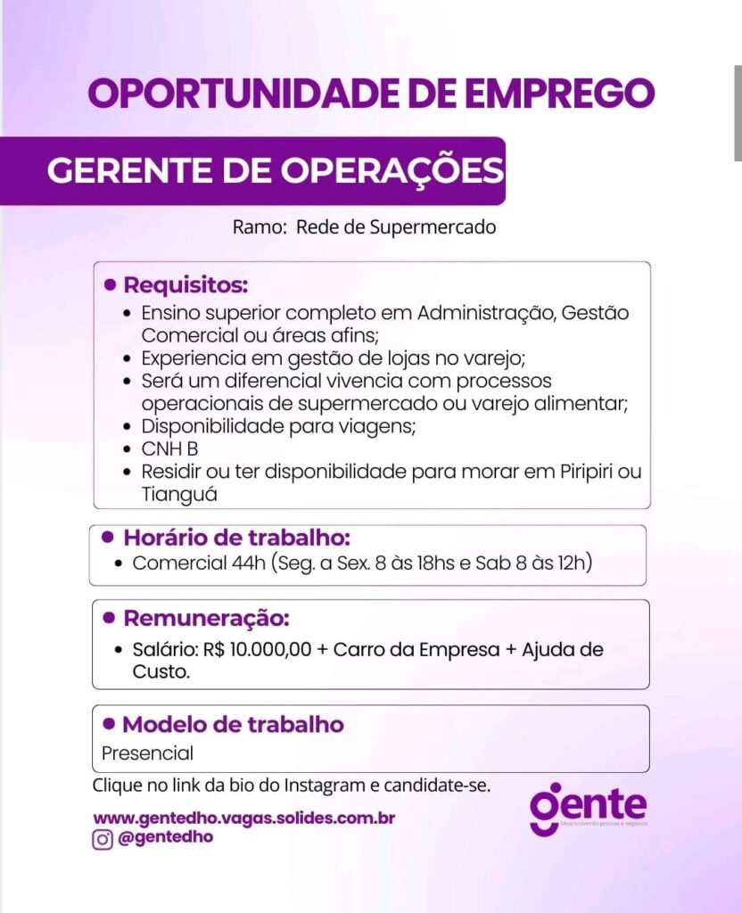 Vaga de emprego para Gerente de Operações