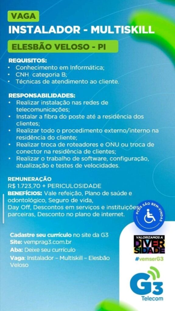 Vaga de emprego para Instalador (Multiskill) em Elesbão Veloso
