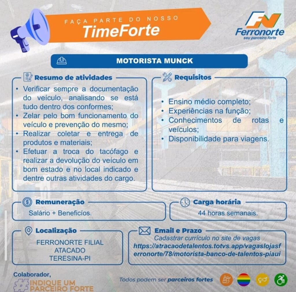 Vaga de emprego para Motorista Munck