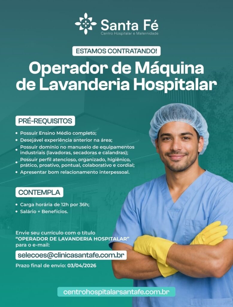 Vaga de emprego para Operador de Máquina de Lavanderia Hospitalar