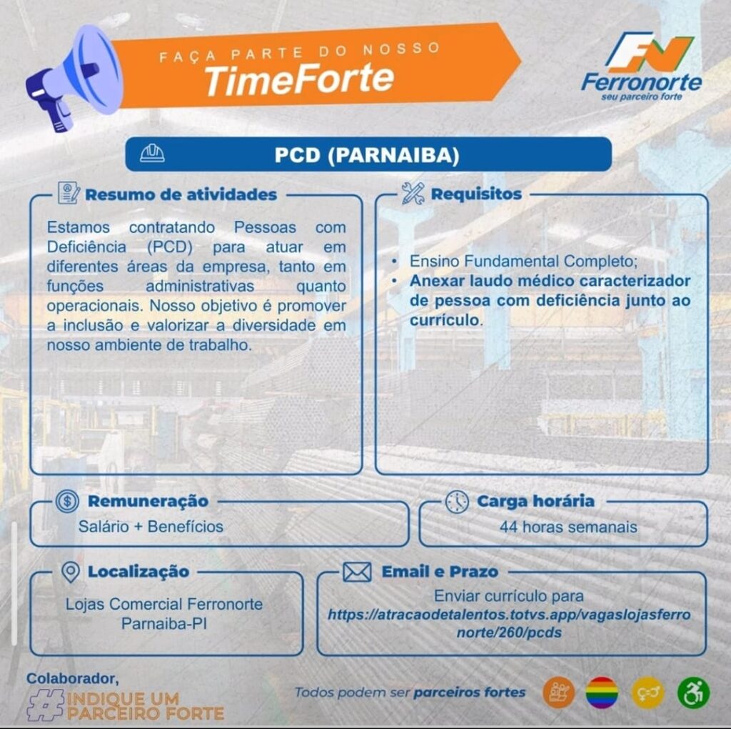 Vaga de emprego para PCD em Parnaíba