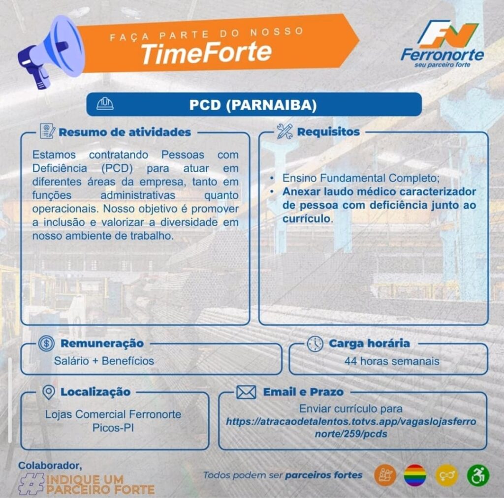 Vaga de emprego para PCD em Picos