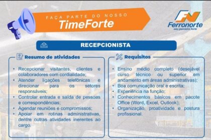 Vaga de emprego para Recepcionista