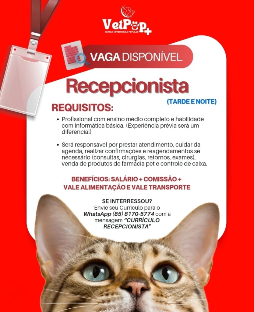 Vaga de emprego para Recepcionista