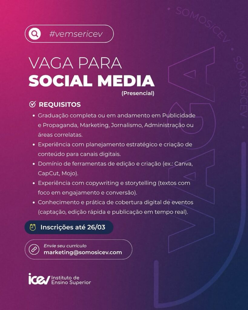 Vaga de emprego para Social Media